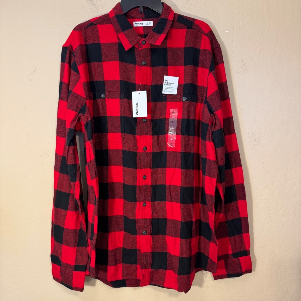 Sonoma Flannel Shirt Men XL Tall Red Black Buffalo Plaid Cotton Supersoft NEW
